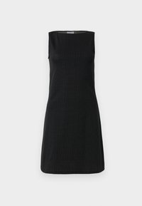 Black sleeveless dress with a fitted design, featuring vertical pinstripes. Made from soft fabric, it has a round neckline and a straight hem.