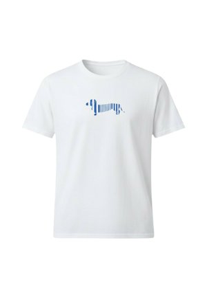 Maglietta bianca a maniche corte con grafica di un bassotto a strisce blu al centro del petto.