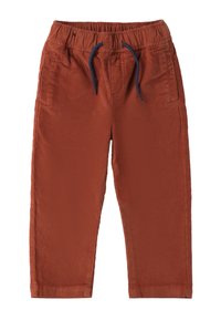 Rude brązowe spodnie z korduroyu z elastycznym pasem, sznurkiem ściągającym i dwiema przednimi kieszeniami. Teksturowany materiał z widocznymi pionowymi prążkami.