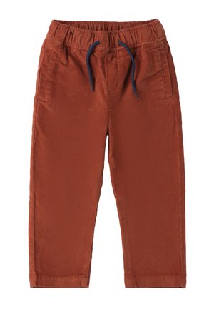 Rude brązowe spodnie z korduroyu z elastycznym pasem, sznurkiem ściągającym i dwiema przednimi kieszeniami. Teksturowany materiał z widocznymi pionowymi prążkami.