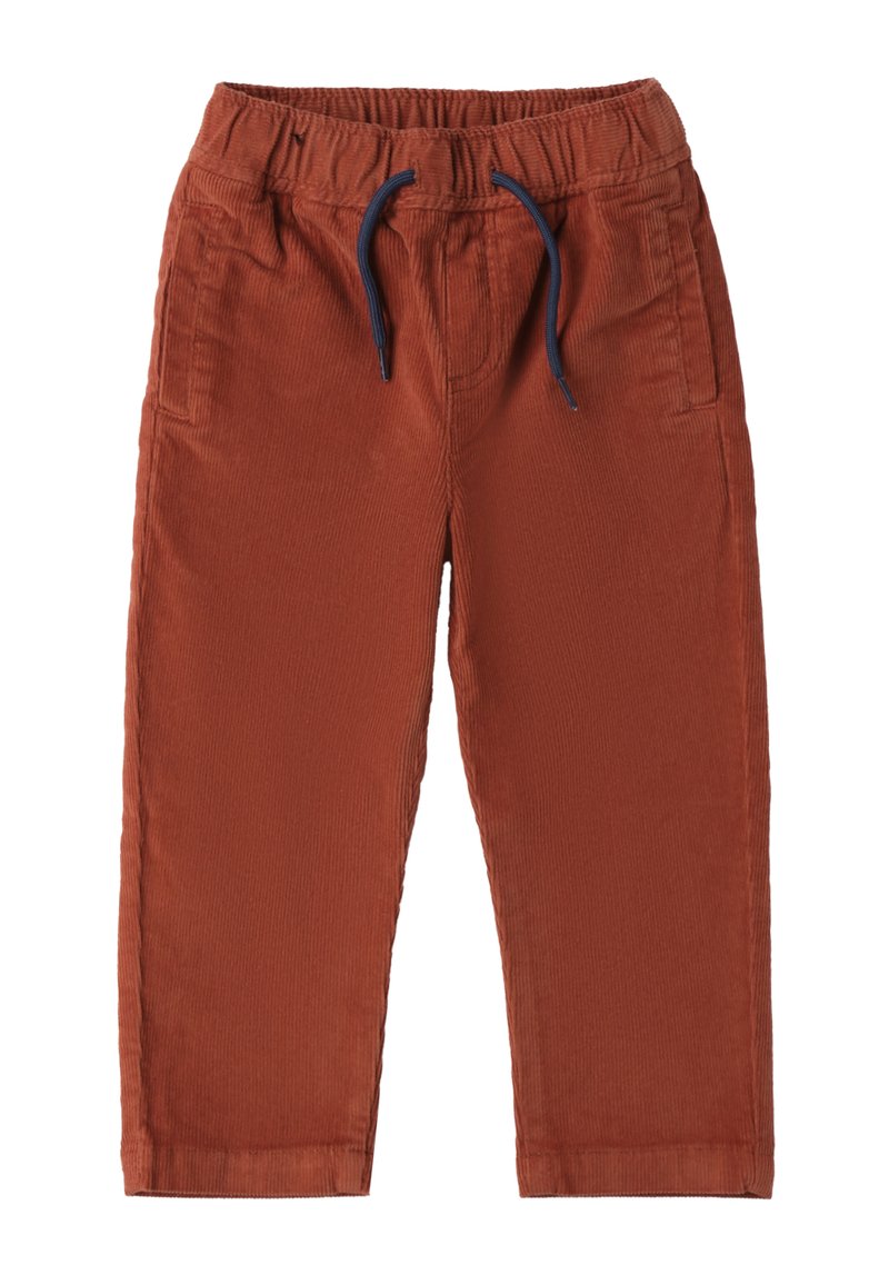 Rude brązowe spodnie z korduroyu z elastycznym pasem, sznurkiem ściągającym i dwiema przednimi kieszeniami. Teksturowany materiał z widocznymi pionowymi prążkami.