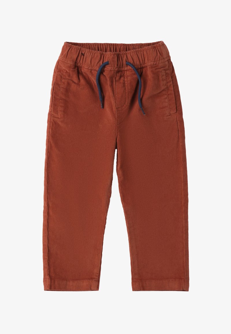 Rude brązowe spodnie z korduroyu z elastycznym pasem, sznurkiem ściągającym i dwiema przednimi kieszeniami. Teksturowany materiał z widocznymi pionowymi prążkami.