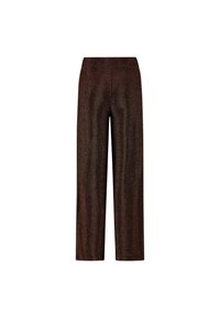 Bruine, wijde broek van een glanzende, gestructureerde stof. Voorzien van een elastische tailleband en zonder zichtbare zakken of sluitingen.