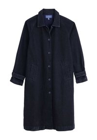 Lång mörk denimkappa med klassisk krage, framknappar, två sidofickor och rullade ärmar, som visar en slät textur.