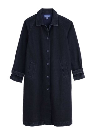 Long dark denim coat with a classic collar, front buttons, two side pockets, and rolled cuffs, showcasing a smooth texture.
