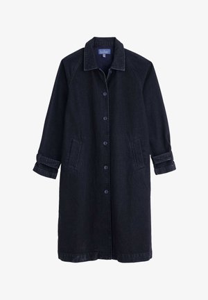 Langer, dunkler Jeansmantel mit klassischem Kragen, vorderen Knöpfen, zwei Seitentaschen und aufgerollten Ärmeln, der eine glatte Textur aufweist.