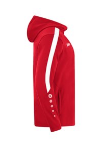 Rote Kapuzenjacke mit glatter Textur, ausgestattet mit weißen Akzenten an den Ärmeln und einem auf dem Oberarm aufgedruckten Logo. Mehrere runde Knöpfe am Ärmel.