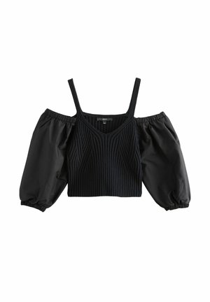 Czarny top cold-shoulder z prążkowanym dzianym korpusem, cienkimi ramiączkami i obszernymi, bufkami długimi rękawami z elastycznymi mankietami.