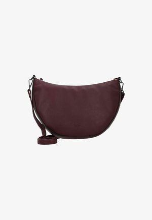 Burgundy leather shoulder bag with a textured finish, curved shape, and adjustable strap, featuring a subtle logo on the front.