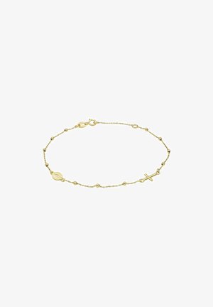 Kuldne käevõru, millel on ümmargused helmed ja kaks amuleti: ovaalne medaljon ja rist, kindla kraabi sulgemisega.