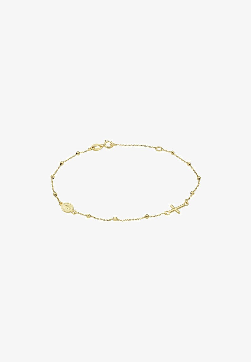 Kuldne käevõru, millel on ümmargused helmed ja kaks amuleti: ovaalne medaljon ja rist, kindla kraabi sulgemisega.