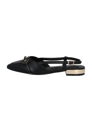 Black leather slingback shoes with a pointed toe, featuring a gold buckle accent and a low, block heel with a gold band.