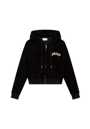Haut à capuche court noir en velours doux, avec une fermeture éclair à l'avant, deux poches latérales et le logo "JUICY" en lettres vert clair en gras.