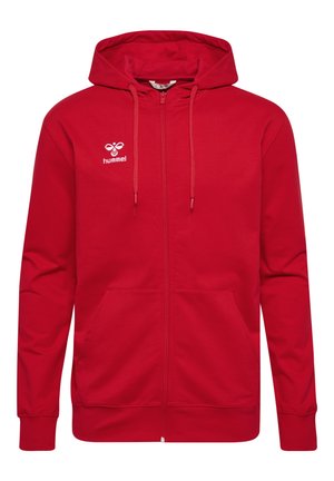 Rode zip-up hoodie gemaakt van een katoenmix met een kangoeroezak, verstelbare trekkoordkap en wit logo op het bovenste linkerborstgedeelte.