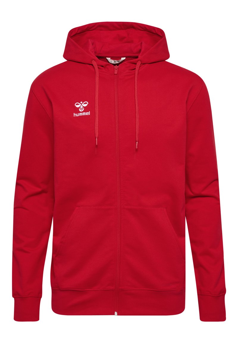 Rode zip-up hoodie gemaakt van een katoenmix met een kangoeroezak, verstelbare trekkoordkap en wit logo op het bovenste linkerborstgedeelte.