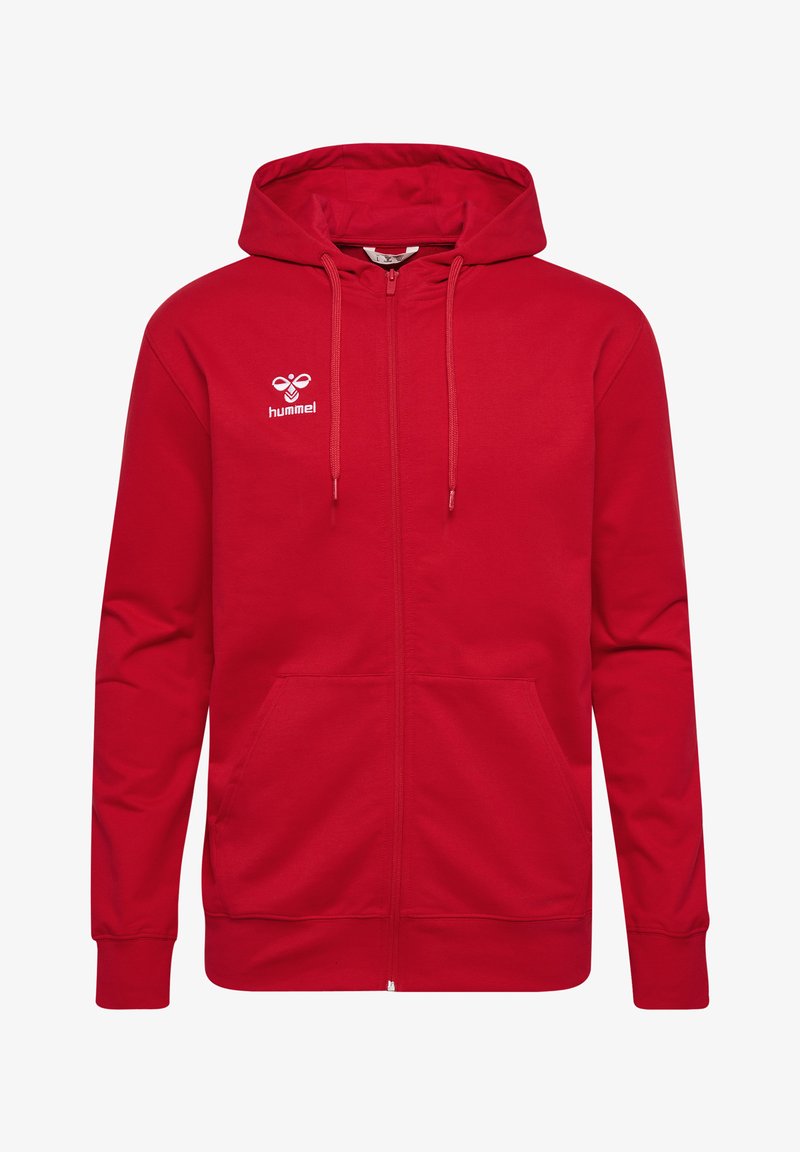 Rode zip-up hoodie gemaakt van een katoenmix met een kangoeroezak, verstelbare trekkoordkap en wit logo op het bovenste linkerborstgedeelte.