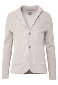 Světle béžový cardigan, texturovaná pletenina, šálový límec, dvě přední kapsy, zapínání na jeden knoflík a mírně zakřivený lem.