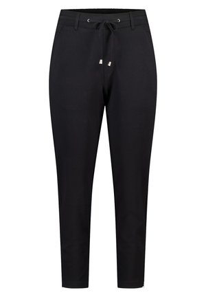 Pantalons noirs, fuselés, en tissu lisse avec un élastique à la taille, une fermeture à cordon et des poches latérales. Présente des accents argentés.