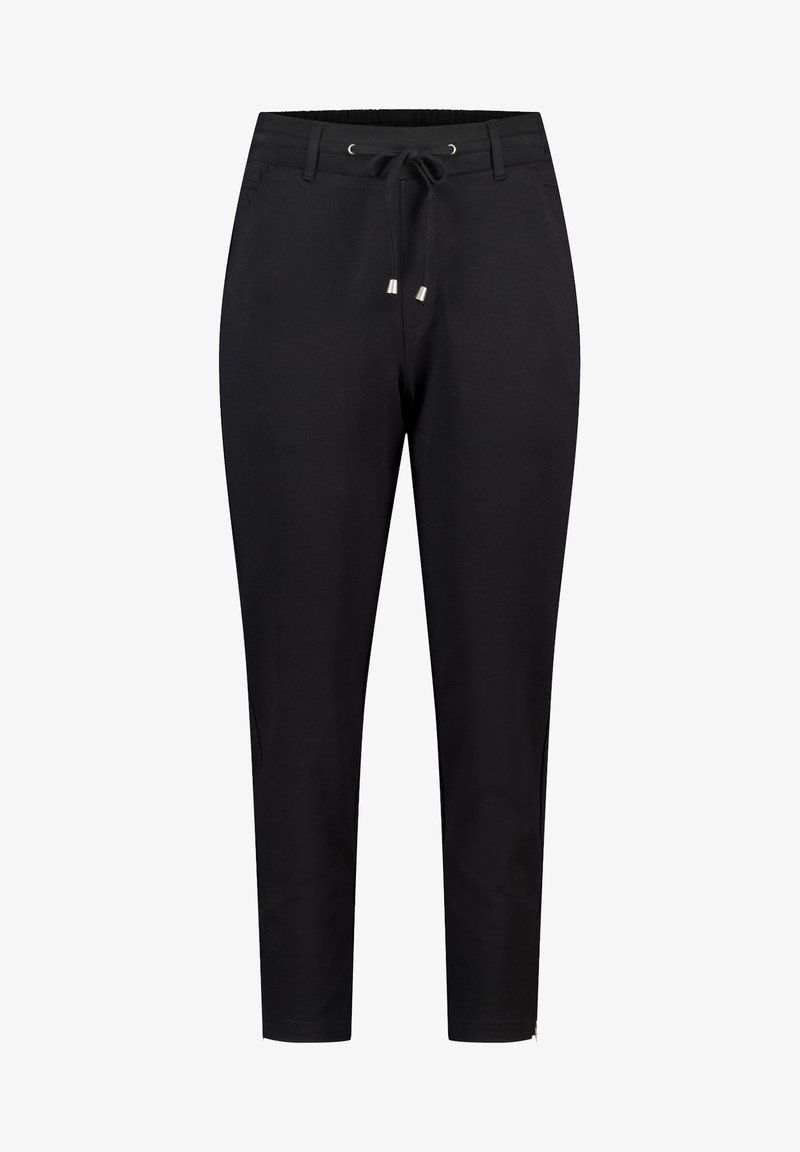 Pantalons noirs, fuselés, en tissu lisse avec un élastique à la taille, une fermeture à cordon et des poches latérales. Présente des accents argentés.
