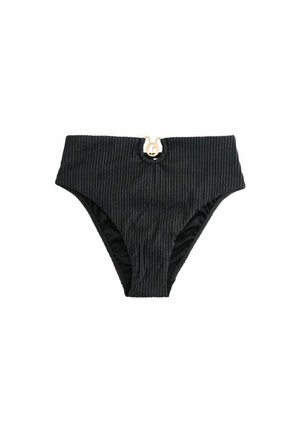 Bas de bikini noir à taille haute avec de fines rayures verticales discrètes et une boucle décorative dorée au centre devant de la taille.