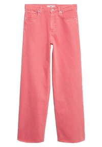 Jean large rose clair en coton. Comprend des poches avant, une braguette à glissière et une fermeture par bouton. Texture lisse avec des coutures renforcées.