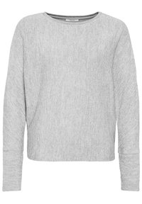 Jasnoszara bluza z długim rękawem i okrągłym dekoltem, wykonana z miękkiego materiału. Charakteryzuje się lekko luźnym krojem oraz ściągaczami na rękawach.