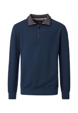 Marineblauer Pullover mit halbem Reißverschluss am Kragen, kontrastierendem grauem Kragen, gerippten Bündchen und strukturierter Stoff. Mit minimalem Branding am Ärmel.