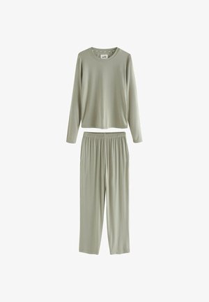 Lichtgroene loungewear set met een lange mouw top en broek met elastische taille. Soepele stof, comfortabele pasvorm, minimalistisch ontwerp, geen zichtbare patronen.