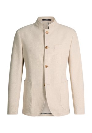 Beige textuur blazer voor heren met opstaande kraag, vier houten knopen, twee opgestikte zakken aan de voorkant en één borstzak.