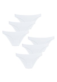 Zes paar witte katoenen slipjes. Kenmerken zijn een gladde, zachte textuur met een klassieke bikini snit en een rekbare tailleband voor comfort.