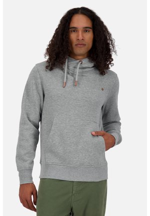 Grauer Pullover mit einem Cowl-Ausschnitt, Kordelzug-Akzenten und Fronttasche, aus weichem Material gefertigt. Mit gerippten Bündchen und Saum.