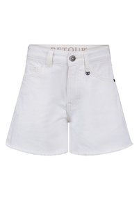 Weiße Jeansshorts mit einem ausgefransten Saum, ausgestattet mit einem klassischen Fünf-Taschen-Design und einem Knopfverschluss. Hat schwarze Hardware-Akzente.