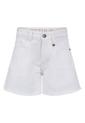 Witte denimshorts met een gerafelde zoom, voorzien van een klassieke vijf-pocketontwerp en een knoopsluiting. Heeft zwarte hardwareaccenten.