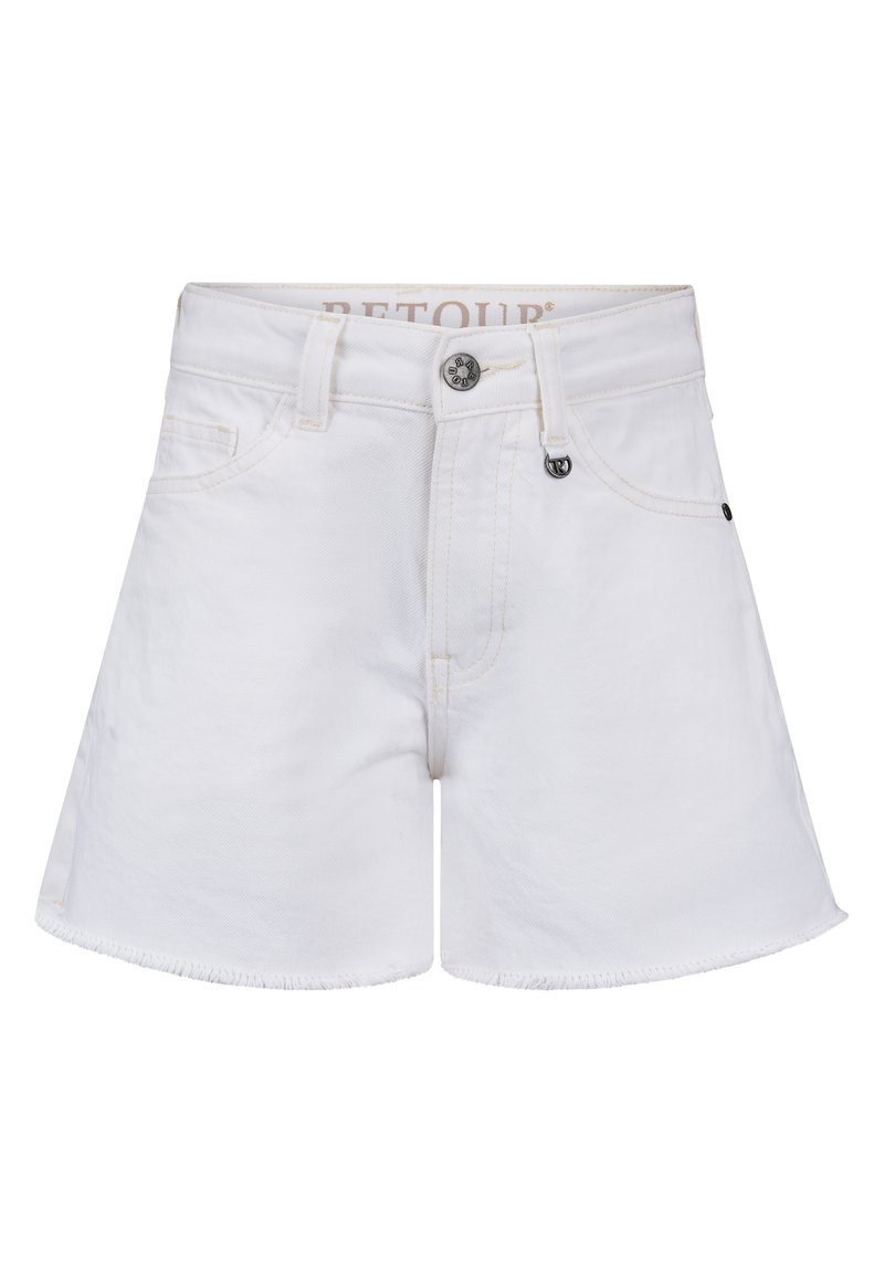 Weiße Jeansshorts mit einem ausgefransten Saum, ausgestattet mit einem klassischen Fünf-Taschen-Design und einem Knopfverschluss. Hat schwarze Hardware-Akzente.