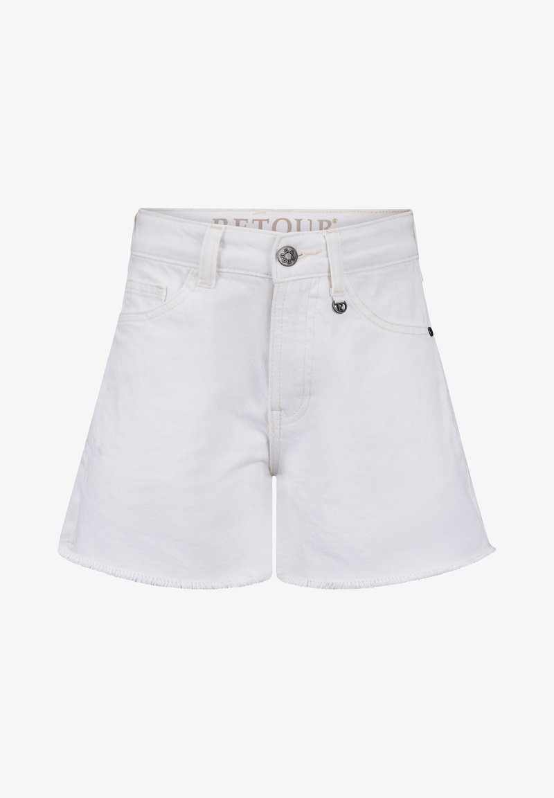 Weiße Jeansshorts mit einem ausgefransten Saum, ausgestattet mit einem klassischen Fünf-Taschen-Design und einem Knopfverschluss. Hat schwarze Hardware-Akzente.
