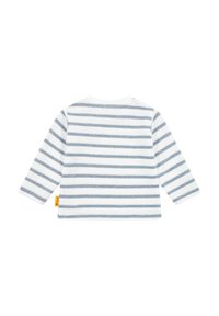 Weißes Langarmhemd mit grauen horizontalen Streifen. Es hat einen runden Ausschnitt und ein kleines gelbes Etikett an der Seite. Weicher Stoff.