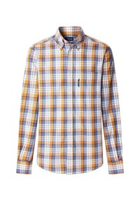 Camisa de cuadros de manga larga que presenta una mezcla de colores naranja, azul y blanco, con cuello abotonado y bolsillo en el pecho. Hecha de tejido entrelazado.