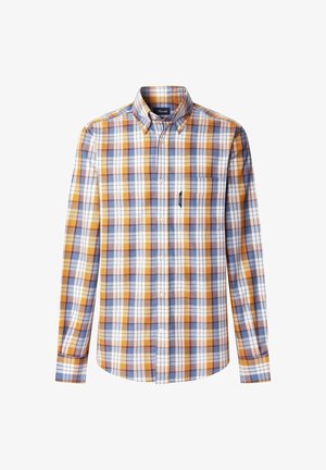 Camicia a maniche lunghe a quadri con una combinazione di colori arancione, blu e bianco, con colletto abbottonato e tasca sul petto. Realizzata in tessuto intrecciato.