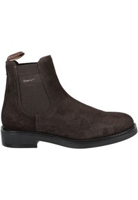 Braune Wildleder Chelsea Boots mit elastischen Seitenteilen, Zuglasche und glatter schwarzer Gummisohle, minimaler Naht und Logo-Detail.