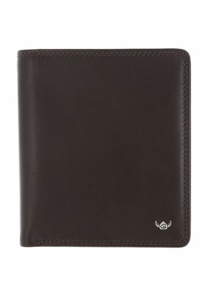 Portefeuille bifold en cuir marron foncé avec bords cousus et petit logo argenté en bas à droite sur fond blanc.