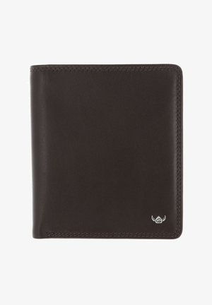 Portefeuille bifold en cuir marron foncé avec bords cousus et petit logo argenté en bas à droite sur fond blanc.