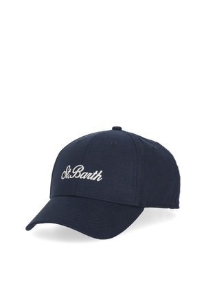Cappellino da baseball blu navy con visiera curva e "St Barth" ricamato in bianco sul pannello frontale.