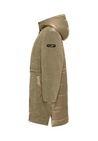 Kurtka w kolorze khaki, z futrzaną fakturą z jednej strony i gładkim materiałem z drugiej. Posiada kaptur, zamek błyskawiczny oraz boczne kieszenie.