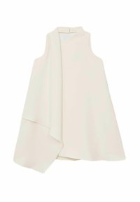 Világos bézs, ujjatlan ruha magas nyakkal, aszimmetrikus vállkendőkkel, sima anyagból készült, hátul cipzáras kapcsolat.