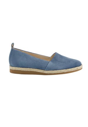 Blue suede slip-on flat shoe with braided jute midsole and rubber outsole, side view on white background.