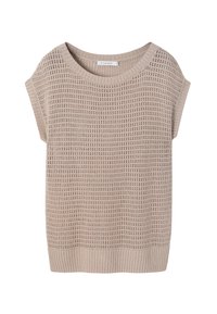 Maglione beige a maglia con vestibilità ampia, scollo rotondo, maniche corte e motivo testurizzato. Orlo a coste nella parte inferiore.