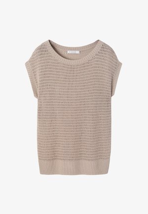Beige knit top with a loose fit, round neckline, short sleeves, and textured pattern. Ribbed hem at the bottom.
