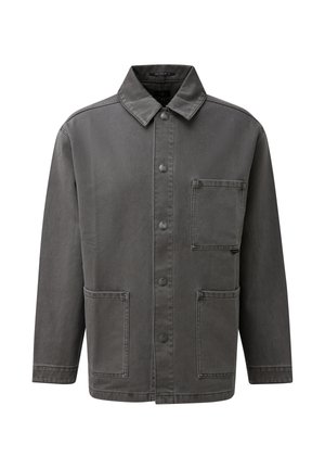 Graue Jacke mit Knopfleiste, Kragen und drei großen aufgesetzten Taschen vorne, aus strapazierfähigem Stoff.