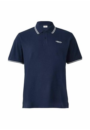 Navy blue polo shirt made of cotton with a classic collar. Features white striped detailing on the collar and sleeves, and logo embroidery.