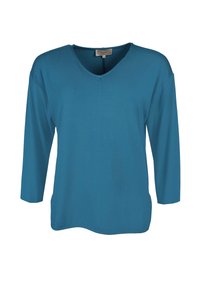 Türkises Langarm-V-Ausschnitt-Oberteil aus weichem Stoff. Hat eine lockere Passform und einen geraden Saum. Keine sichtbaren Muster oder Hardware.